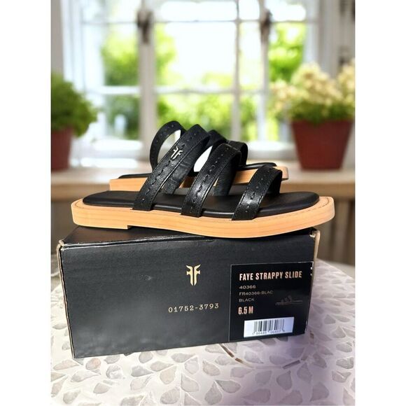 Frye Faye Leather Strappy Slide Sandals Black Flat Women’s Size 6.5 NIB - Picture 13 of 13